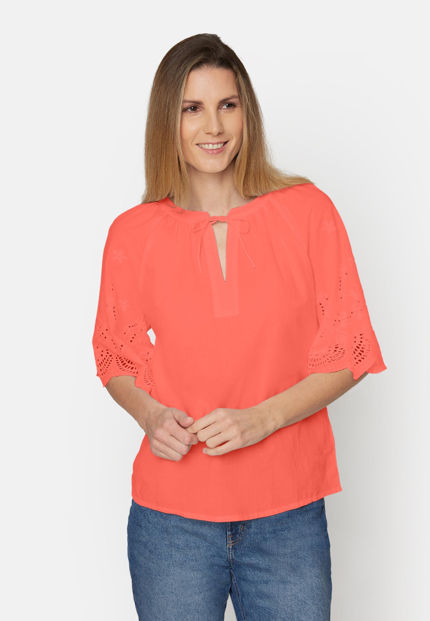 Bluse Med Broderi Anglaise - Living Coral